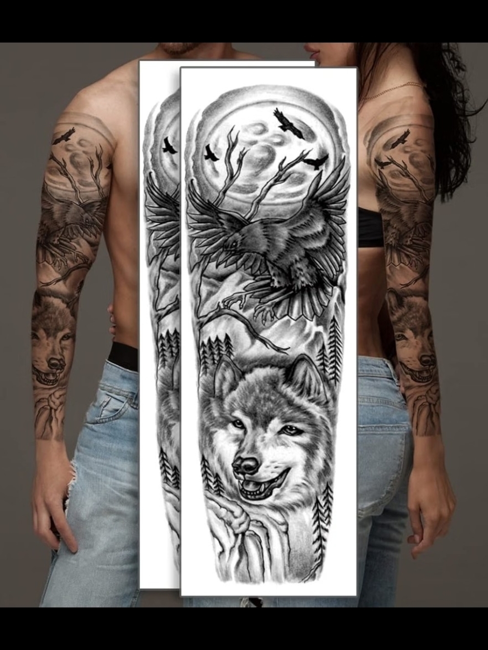 Black and Gray Wolf & Raven Full Sleeve Temporary Tattoo - Picture 3 of 4
